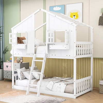 Jemison Twin over Twin Wood House Bunk Bed with Roof,Ladder and Window