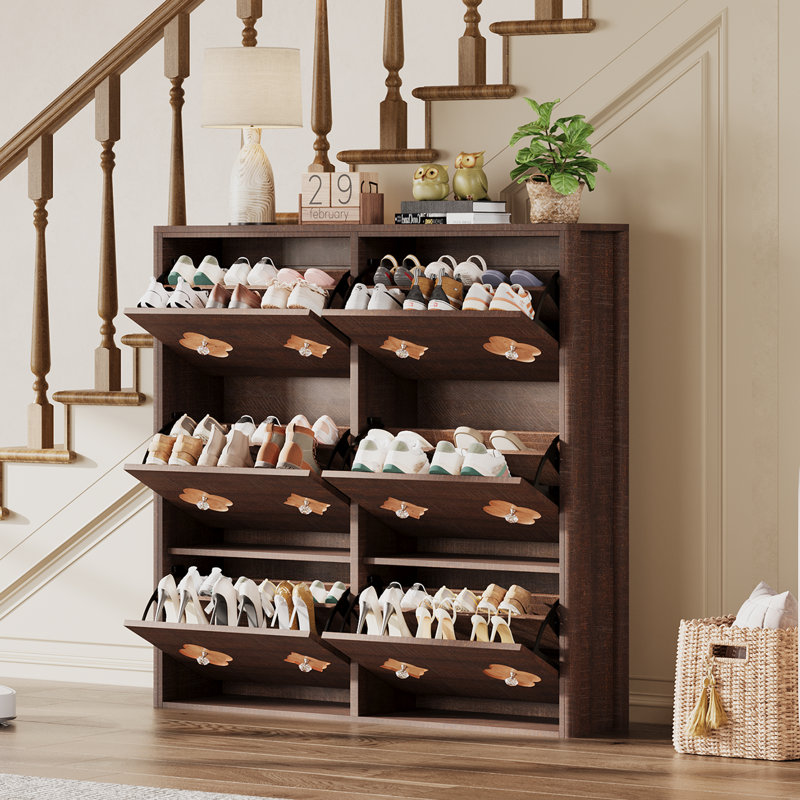 Shoe Storage Cabinet with 6 Flip Drawers, Narrow Wood Shoe Organizer Cabinet with Floral Pattern, Freestanding Slim Shoe Rack Cabinet with Adjustable Shelves, for Entryway, Hallway, Walnut