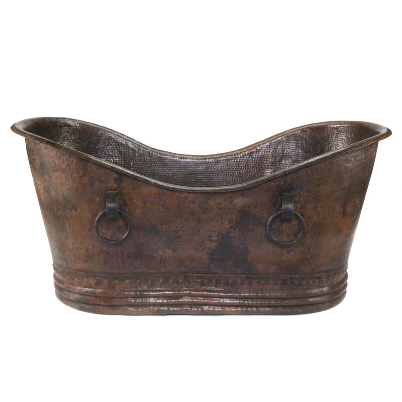 67" Hammered Copper Double Slipper Bathtub With Rings, Oil Rubbed Bronze