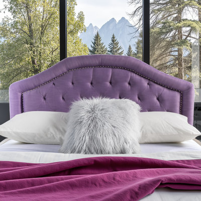 Tête de lit capitonnée pleine grandeur mauve clair - Pieds de lit rembourrés réglables en métal avec garniture cloutée