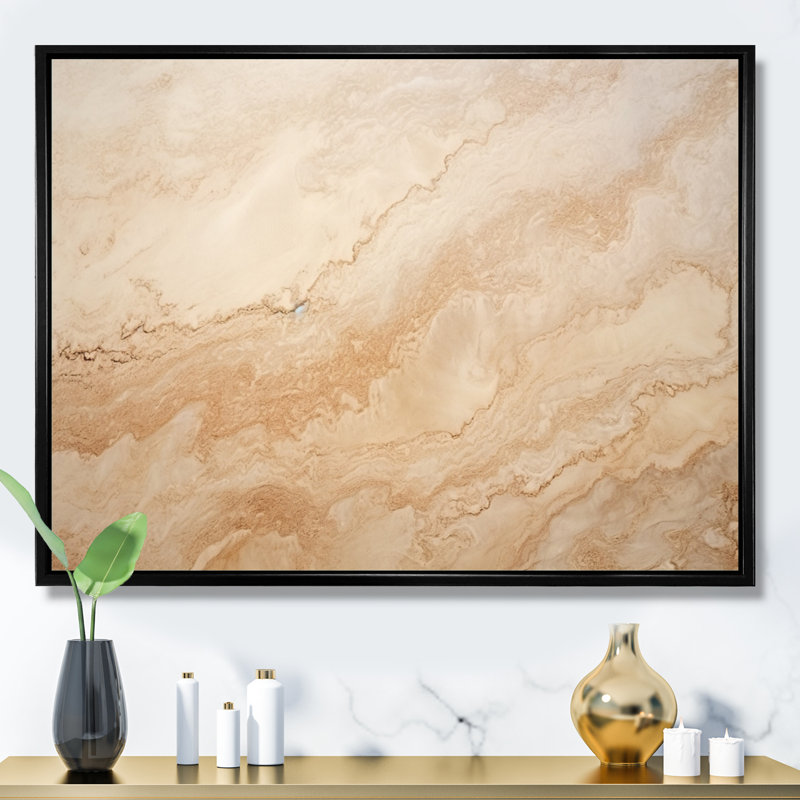 Crème marbré Melody V - art mural abstrait, salon, Cadre flottant noir, 24" H x 32" W