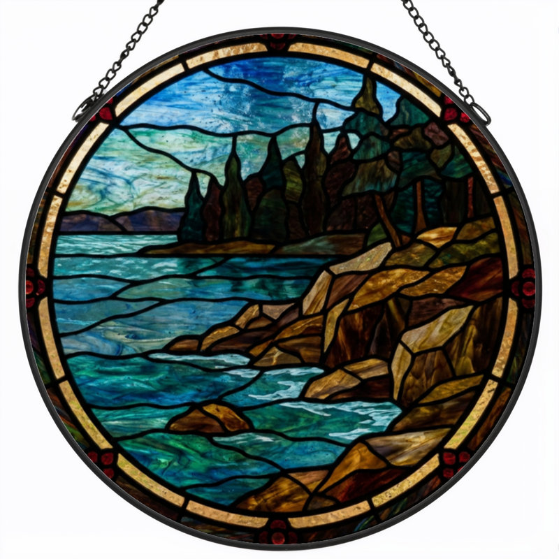 7.8"H Landscape Scene Stained Glass Window Panel, 7.8" H x 7.8" W