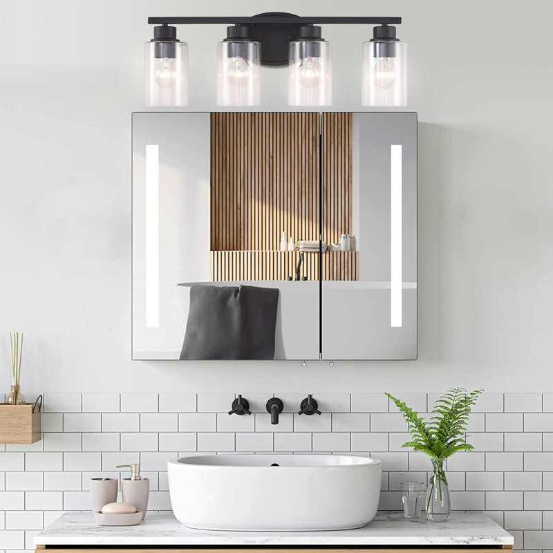 Modern Matte Black Bathroom Vanity Light Fixture With Clear Glass Shades, Rustproof Wall Mount, 4-Light Design For Versatile Home Decor