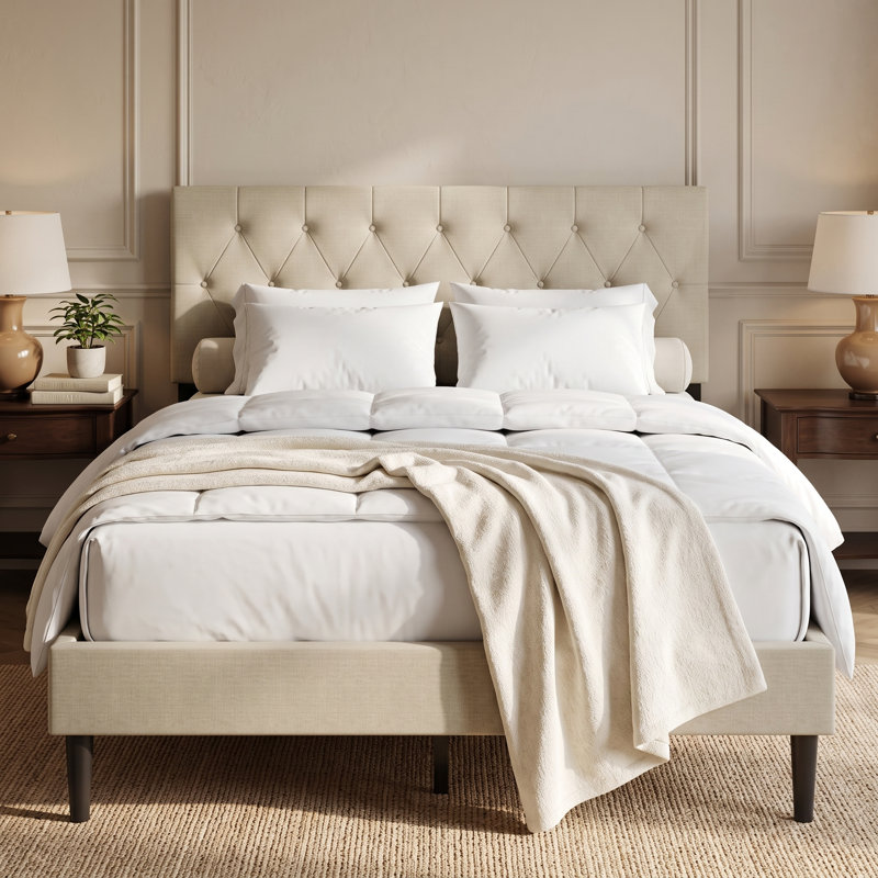 Lit plateforme tapissier Coventry, Lit simple, Beige