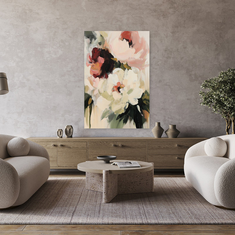Pivoine blanche et rose abstraite, 48" H x 32" W
