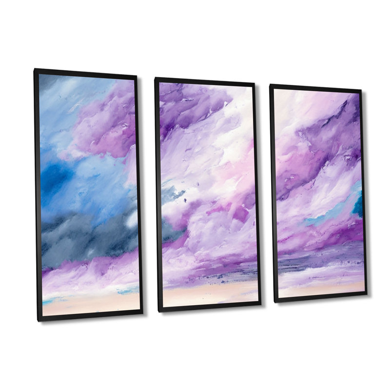 «Violet Storm At The Horizon», ensemble d'art mural abstrait à l'encre liquide_80393, H 32 po x l 48 po x P 1 po