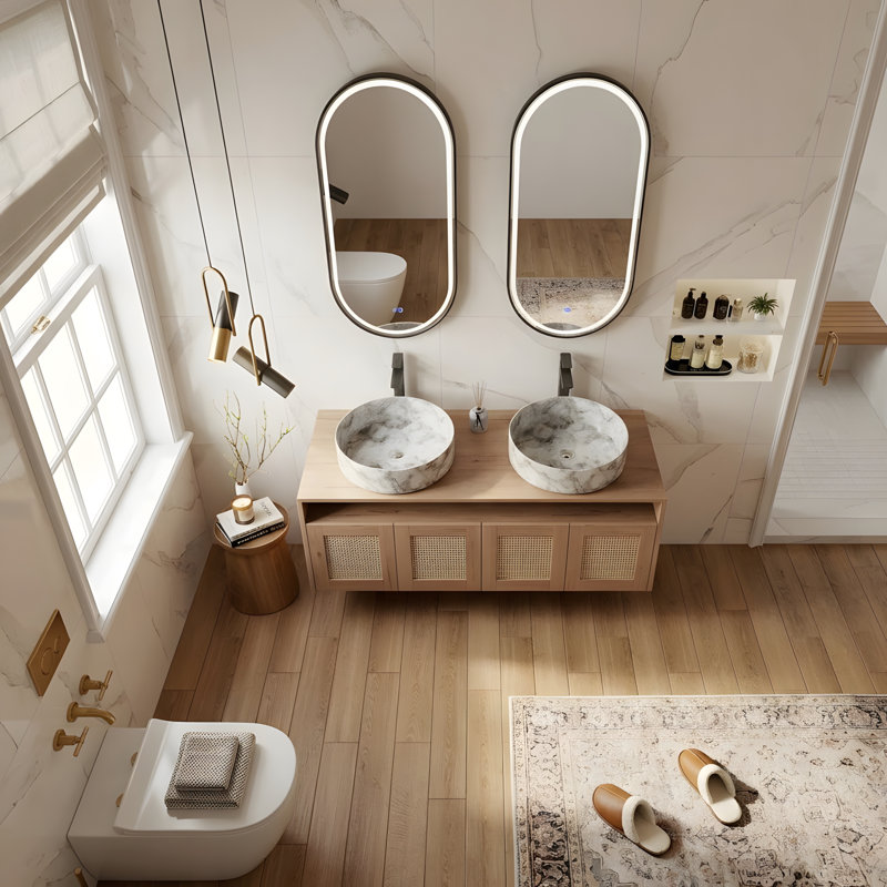 Meuble-lavabo 48 po avec lavabo d'art en céramique 2 portes, 4 portes à fermeture en douceur, montage flottant, contreplaqué (emballage KD)