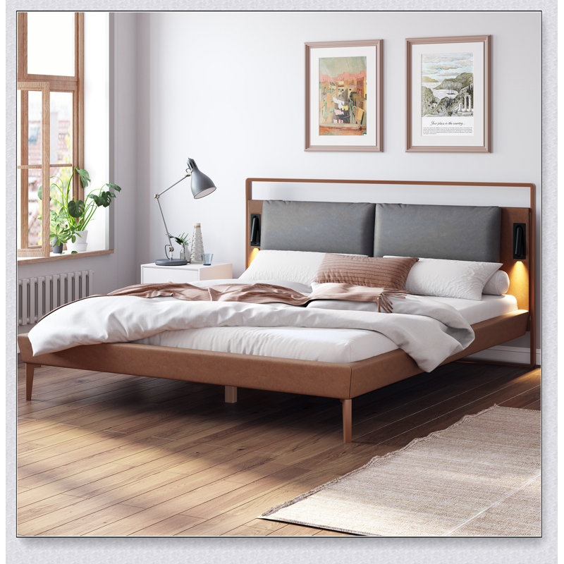 Brown&Gray Leather Bed With 2Pcs Night Lights, Full