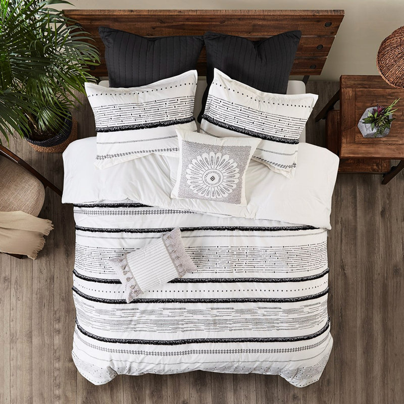 Édredon en coton - imprimé avec lit double / grand noir / blanc, Édredon double / grand et 2 taies décoratives, Noir / blanc