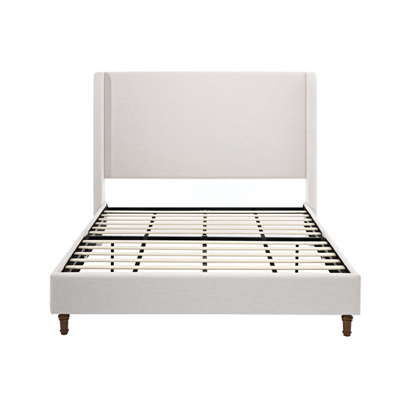 Albree Hoppe Modern Upholstered Platform Bed With Wingback Headboard, Queen, Ivory Canvas