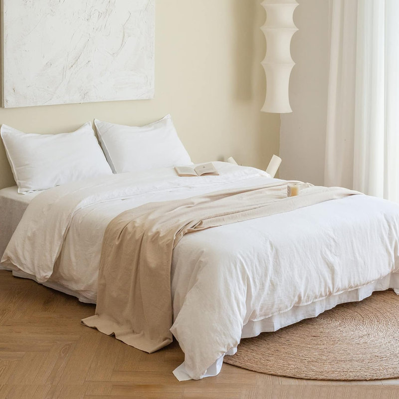 French Linen Duvet Cover Set 3Pcs With Hidden Zipper Closure Natural Flax Cotton Blend, White