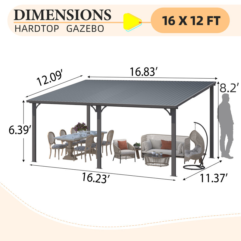 Hardtop Gazebo With Galvanized Steel Sloping Roof, 98.4" H x 202" W x 136" D