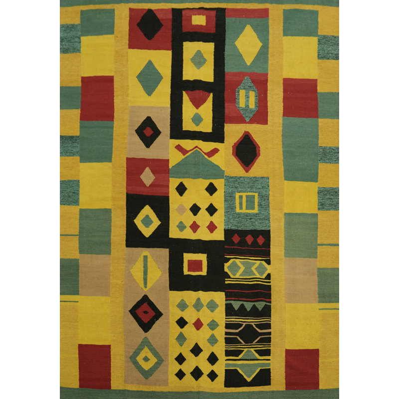 Tapis jaune kilim à tissage plat 8 x 10
