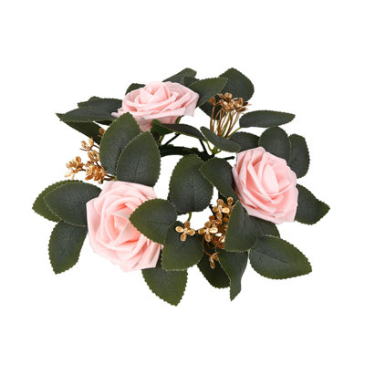 4 pièces de bagues de bougies artificielles avec couronnes de roses avec feuilles vertes, guirlande de verdure pour pilier, lanterne, table de mariage, centre de table, décoration de table de fête (diamètre intérieur de 3,15 po)