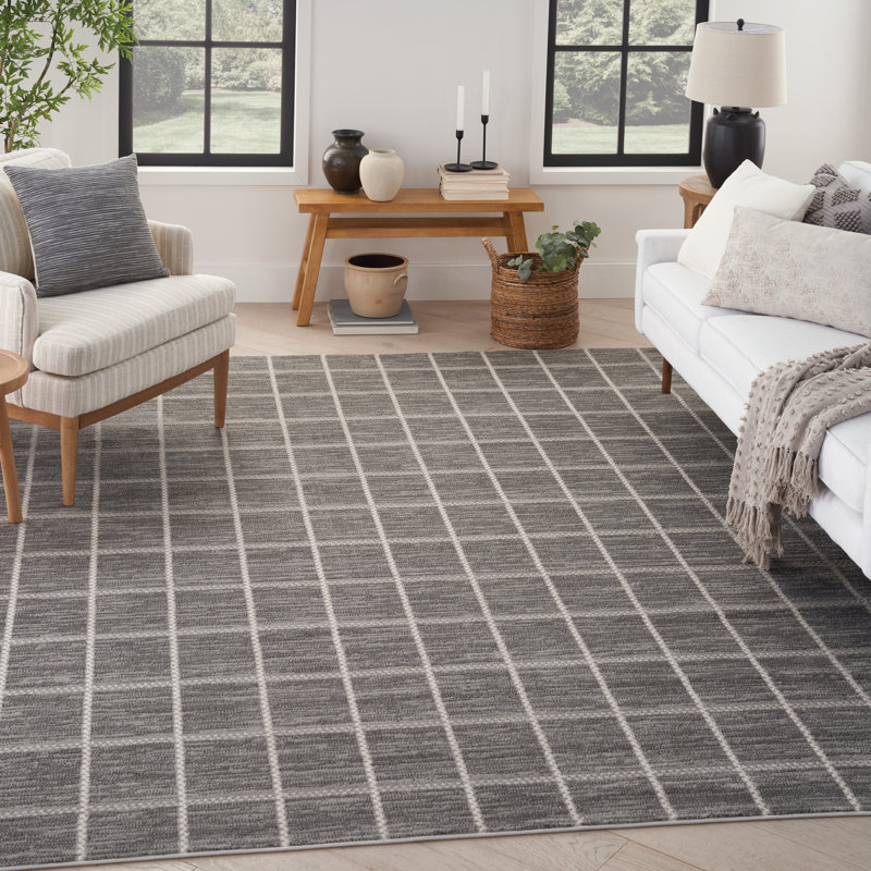 Tapis gris / ivoire en polyester tissé à la machine Gaudalupe, Rectangle 9 pi x 12 pi