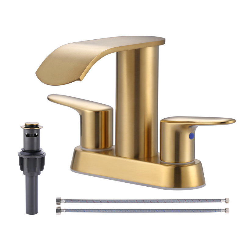4-inch Centerset Double Handle Waterfall Bathroom Sink Faucet with Pop-up Drain Kit, Brushed Gold