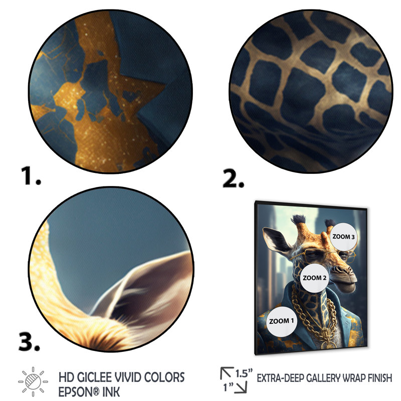 Girafe Ganster - Impression sur toile, H 32 po x l 24 po x P 1 po, Impression noire sur toile encadrée