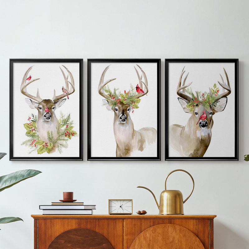Collection Holiday Deer B - Toile tendue avec châssis sur mesure - 3 pièces, H 21 po x l 30 po, Noir