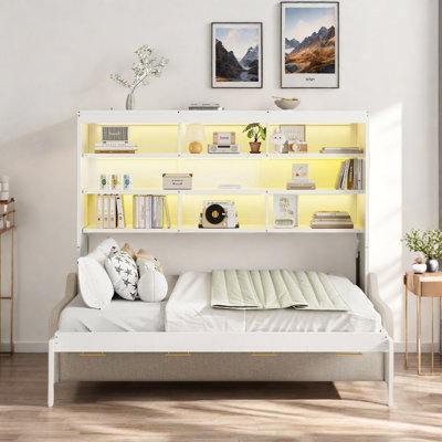 Lit armoire avec canapé escamotable Murphy, tablettes de rangement intégrées et éclairage à DEL
