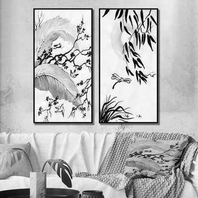Croquis asiatiques des oiseaux de la nature - ensemble de 2 reproductions sur toile