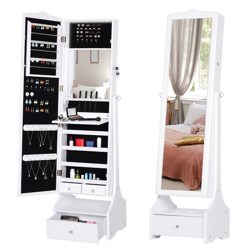 Harrold Mirrored Jewelry Cabinet Armoire Floor Standing w/ Lock LED Light, White
