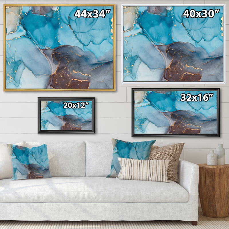 Bleu et gris luxueux abstrait fluide IV - peinture sur toile, H 30 po x l 40 po x P 1,5 po, Cadre flottant noir