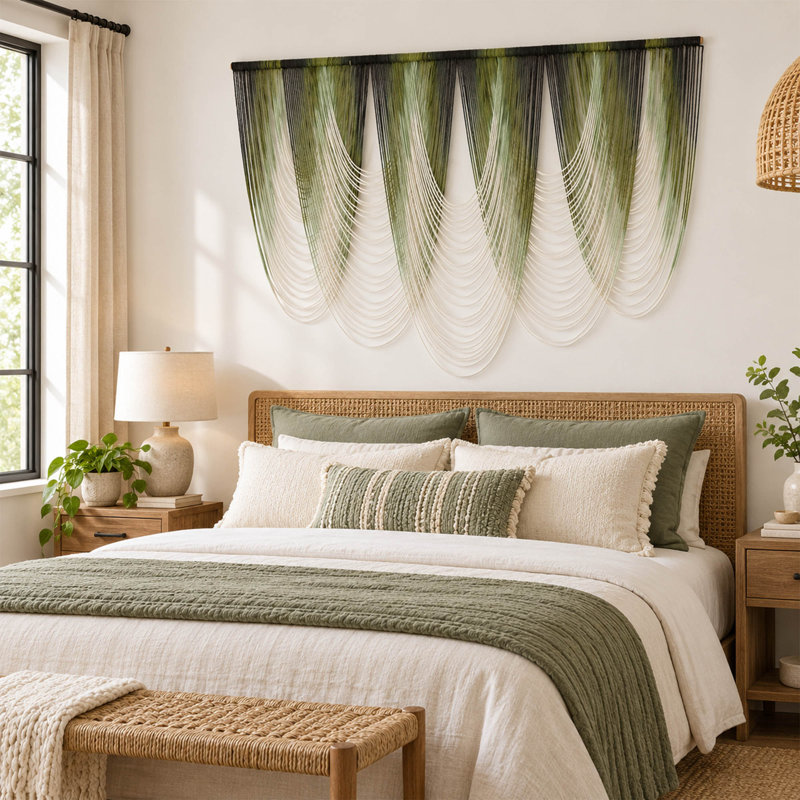 Dip-Dyed Green Macrame Wall Hanging with Wooden Rod