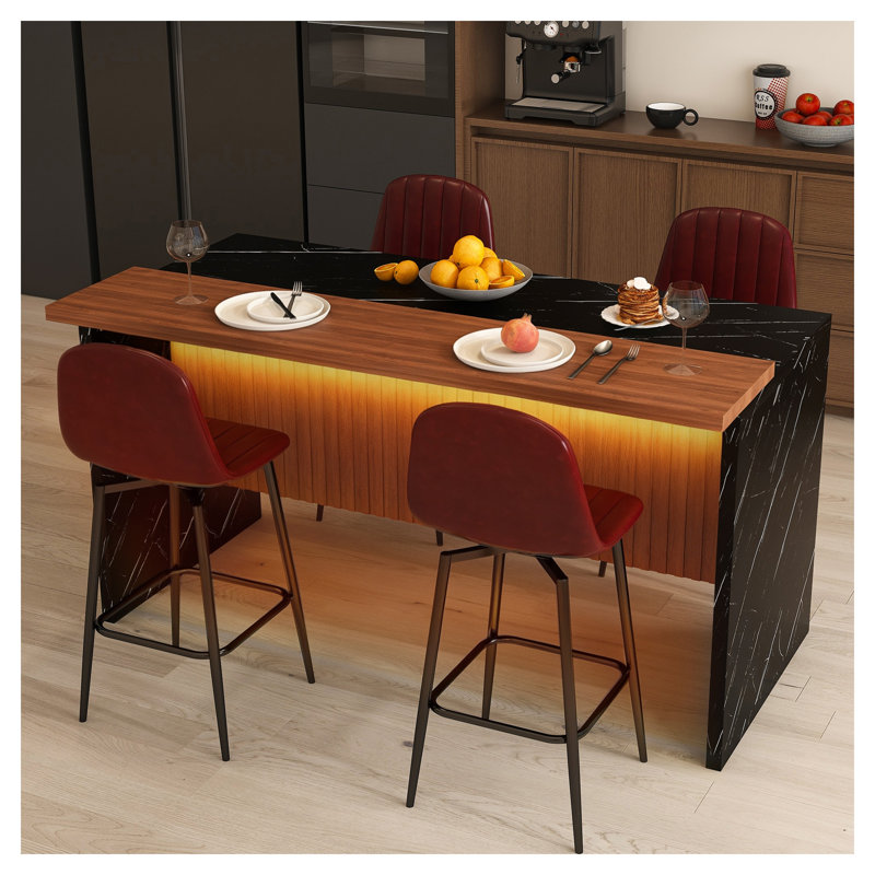 Ensemble d'îlot de cuisine 63 pouces avec éclairage à DEL et 4 tabourets de bar brun foncé - table de salle à manger en marbre noir pour espaces ouverts
