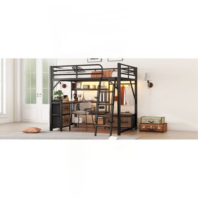 Lit mezzanine avec bureau et lumière, lit mezzanine en métal avec tablettes de rangement, garde-robe et tiroirs pour garçons filles