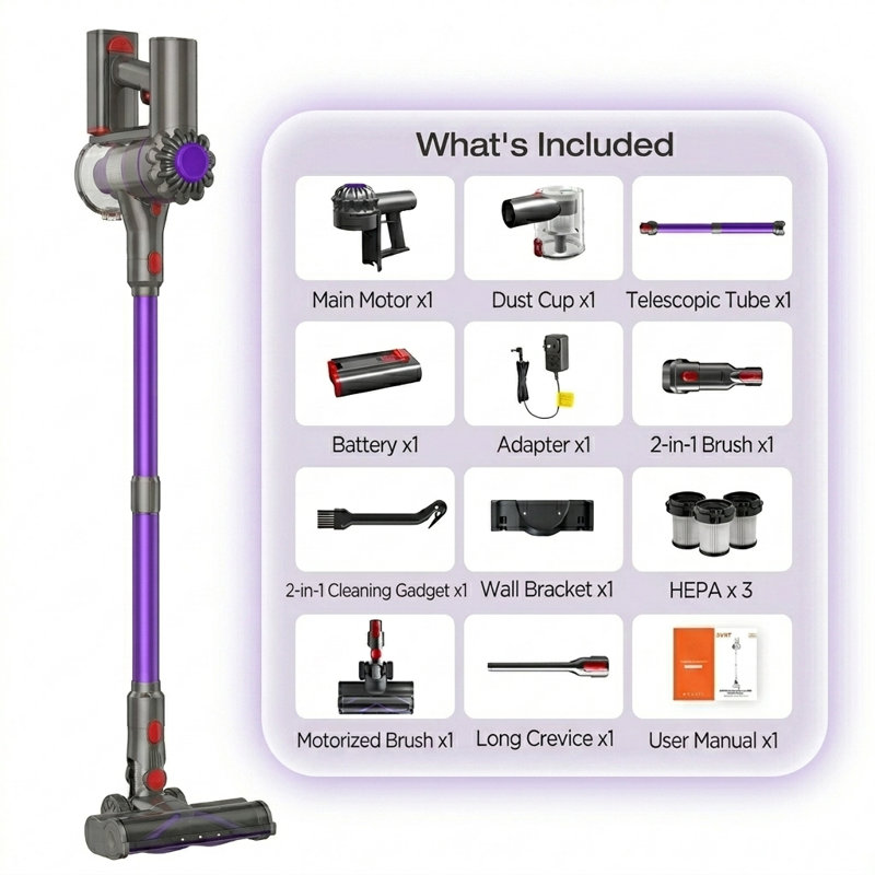Aspirateur balai autoportant sans fil 40Kpa 450W, Purple