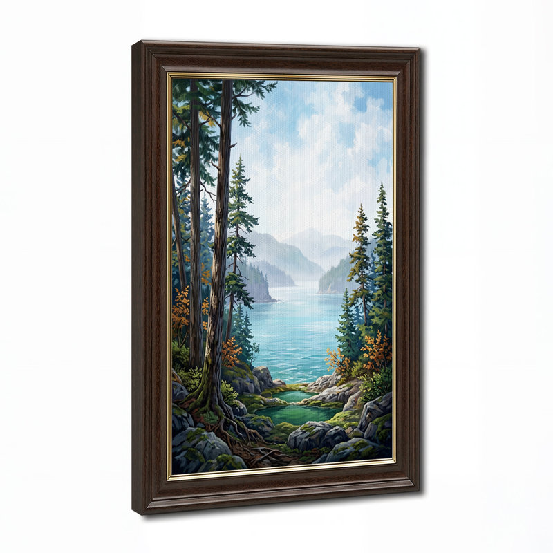 «Pine Trees» encadrant l'art mural sur toile Misty Mountain Lake, H 24 po x l 16 po