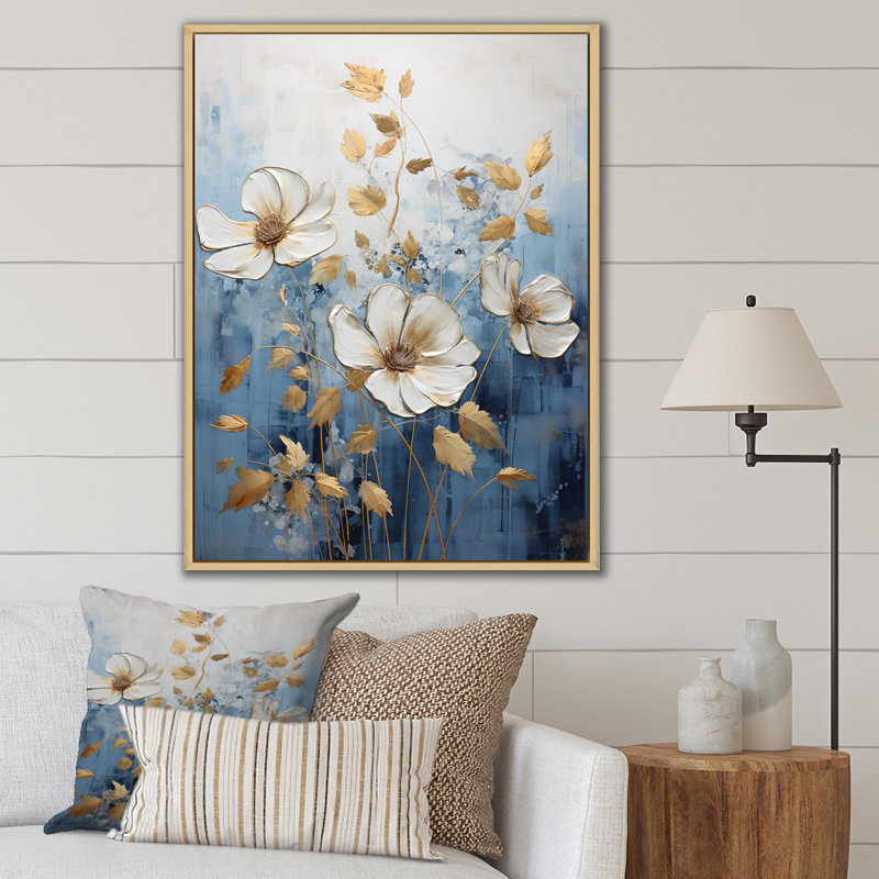 «Beige And Blue Seasonal Flowers Collage I», reproduction sur toile, Cadre naturel flottant, H 20 po x l 12 po x P 1 po