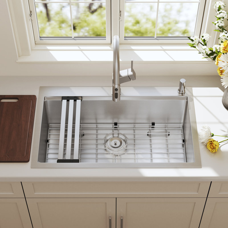 Blenzia 33 Inch Drop In Workstation 33x22 Topmount 16 Gauge Stainless Steel Single Bowl Handmade Kitchen Sink with Accessories Combo 33" x 22" x 9"