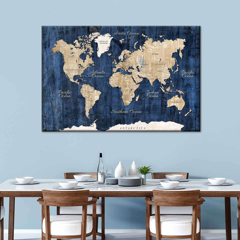 Carte du monde en bois texturé - impression, Toile tendue, H 26 po x l 39 po, No Frame