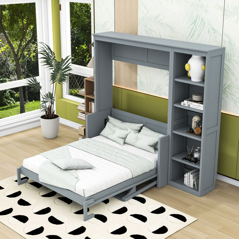 Lit escamotable en bois avec bureau et tablettes, conception pliable, Gris, Double
