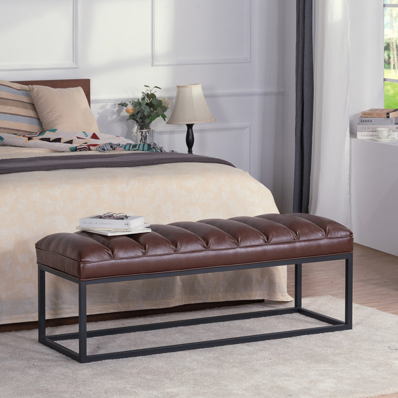 Lubbert Faux Leather Bench, Dark Brown, Metal