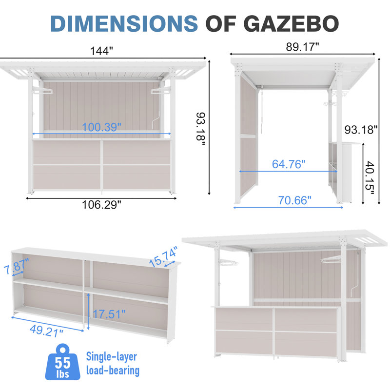 7,6 x 12 pi Pavillon de jardin extérieur avec toit à persiennes réglable