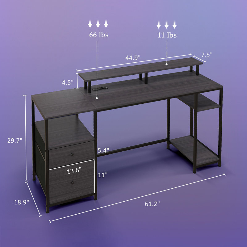 Bureau de jeu à DEL avec ports USB et d'alimentation, panneau de particules, moderne pour le bureau à domicile