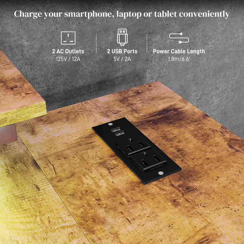 Rustic Brown Adjustable Height L-Shaped Computer Desk with Power Outlet and USB Port