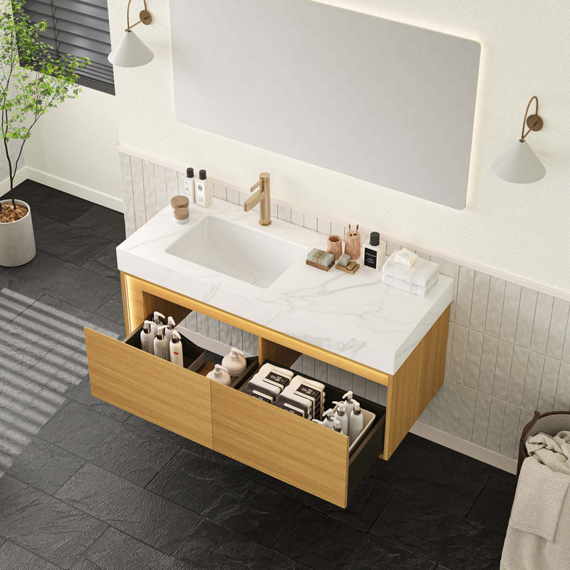 Meuble-lavabo 48 po, meuble de rangement flottant ultra-mince, tiroirs avec capteur de lumière, comptoir en pierre frittée Carrara et lavabo encastré en céramique, pré-assemblé