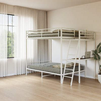 Full Size Bunk Bed with LED Lights and Built-In Charging Station, Modern Space-Saving Bed Frame for Bedroom, White