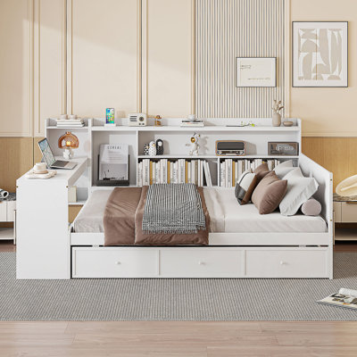 Lit de jour en bois avec 3 tiroirs, ports USB et bureau