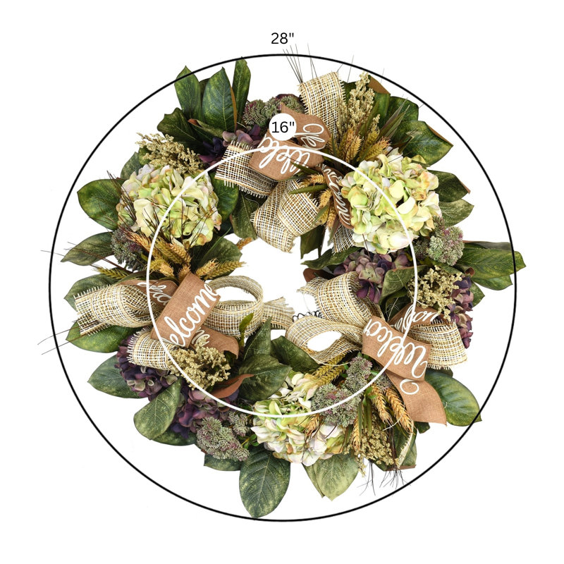 29" Magnolia Leaf Wreath With Assorted Hydrangeas, Heather And Ribbon
