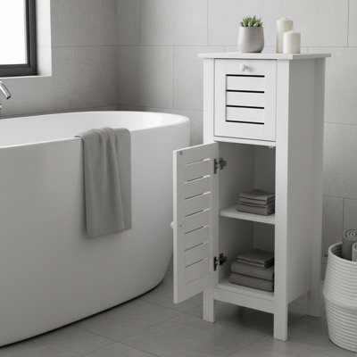 Compact White Bathroom Storage Cabinet with Drawer and Vented Door, Freestanding Linen Cabinet for Small Spaces, Santorin Collection