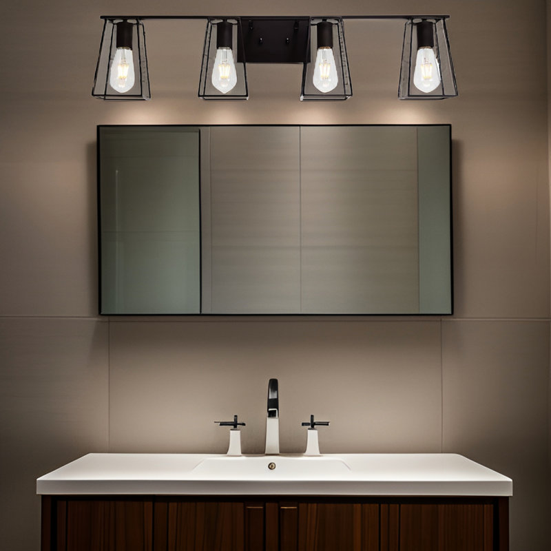 4- Industrial Vintage Vanity Lights Oil Rubbed Bronze - Metal Cage Open Bathroom Fixture Sconce