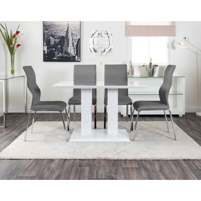 Eubanks Gloss Double Pillar Rectagular Dining Table Set with 4 Luxury Faux Leather Dining Chairs