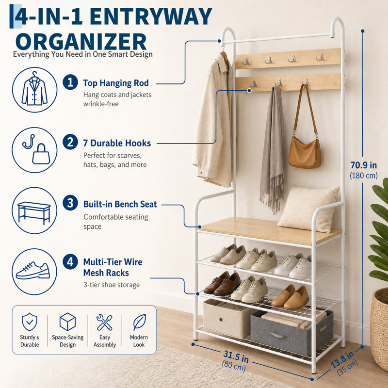 Porte-manteau d'entrée de 180 cm avec banc à chaussures, rangement à chaussures à 3 niveaux avec tringle et 7 crochets, structure en métal, blanc et naturel