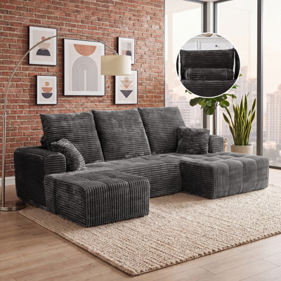 Canapé d'angle modulaire compressé en forme de U de 277 cm de large avec méridienne et pouf, 3 pièces, revêtement en velours côtelé, assise profonde, ressorts ensachés et 5 coussins pour salon, aucun assemblage requis, gris
