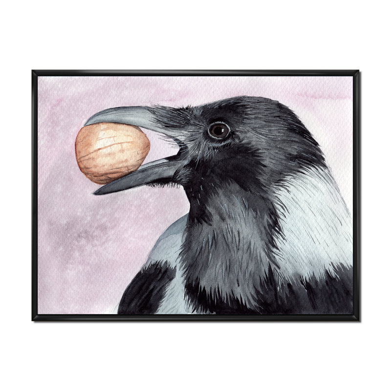 Corbeau noir avec un écrou - Peinture sur toile, H 30 po x l 40 po, Cadre flottant noir