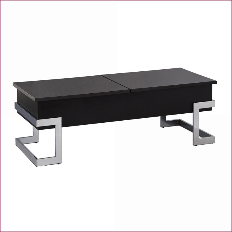 Table basse noire brillante avec 2 compartiments de rangement, pieds chromés modernes pour le salon, Noir